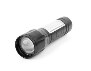 Black metallic flashlight close-up isolated on a white background.