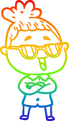 rainbow gradient line drawing cartoon happy woman wearing spectacles
