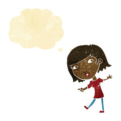 cartoon happy girl gesturing to follow with thought bubble