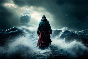 Jesus walks on water across the sea towards a boat during a storm. Biblical theme concept. Generative Ai.