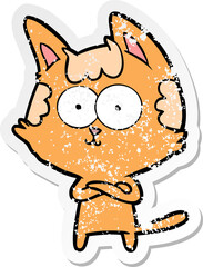 distressed sticker of a happy cartoon cat