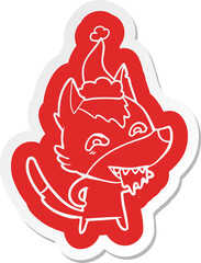cartoon  sticker of a hungry wolf wearing santa hat