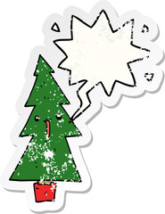 cartoon christmas tree and speech bubble distressed sticker