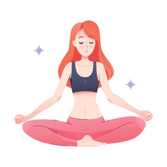 Redhead Woman Character Sitting in Lotus Yoga Pose Engaged in Sport Physical Activity Vector Illustration