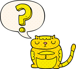 cartoon cat and question mark and speech bubble in comic book style