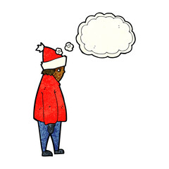 cartoon person in winter clothes with thought bubble