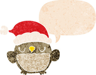 cute christmas owl and speech bubble in retro textured style
