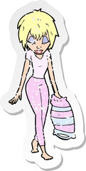 retro distressed sticker of a cartoon woman going to bed