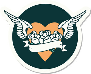 tattoo style sticker of a heart with wings flowers and banner