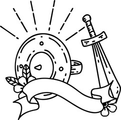 banner with black line work tattoo style shield and sword