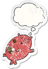 cartoon dancing pig and thought bubble as a distressed worn sticker