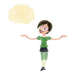 cartoon woman making open arm gesture with thought bubble