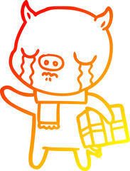 warm gradient line drawing cartoon pig crying over christmas present