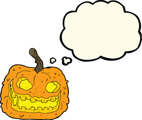 cartoon spooky pumpkin with thought bubble