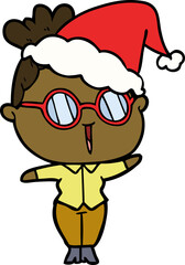 line drawing of a woman wearing spectacles wearing santa hat