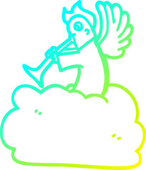 cold gradient line drawing cartoon angel on cloud with trumpet