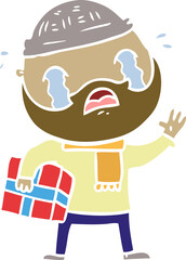 flat color style cartoon bearded man crying with christmas present