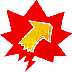 cartoon pointing arrow and speech bubble in retro textured style