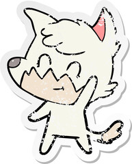 distressed sticker of a cartoon friendly fox