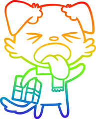 rainbow gradient line drawing cartoon disgusted dog with christmas gift