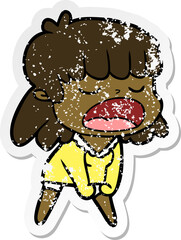 distressed sticker of a cartoon woman talking loudly
