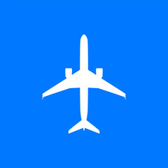 White airplane vector icon on blue background