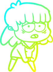 cold gradient line drawing cartoon tired woman