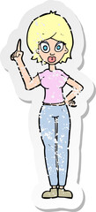 retro distressed sticker of a cartoon woman explaining her point
