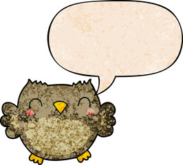 cute cartoon owl and speech bubble in retro texture style