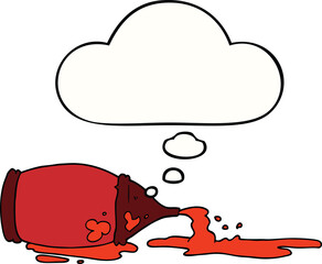 cartoon spilled ketchup bottle and thought bubble
