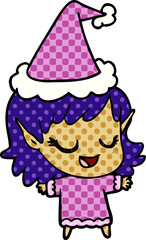 happy comic book style illustration of a elf girl wearing santa hat