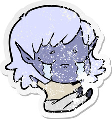 distressed sticker of a cartoon crying elf girl