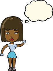 cartoon waving woman with thought bubble