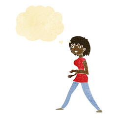 cartoon woman walking with thought bubble