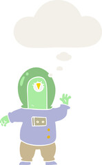 cartoon space alien and thought bubble in retro style