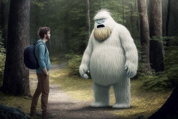 Hiker tourist met a funny Yeti in the forest - obrazy, fototapety, plakaty