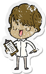 distressed sticker of a cartoon woman talking