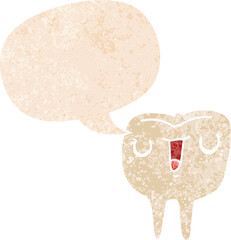 cartoon happy tooth and speech bubble in retro textured style