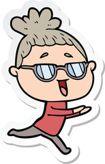 sticker of a cartoon happy woman wearing spectacles