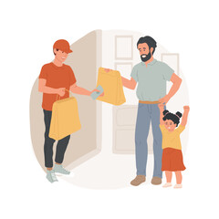 Wok delivery isolated cartoon vector illustration. Guy from wok delivery service holds noodles boxes, people waiting for food shipping, family lifestyle, tasty meal habits vector cartoon.