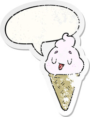 cute cartoon ice cream and speech bubble distressed sticker