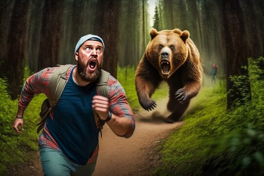 A man runs away from an attacking brown bear, thereby violating safety precautions and provoking a predator to aggression