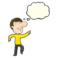 cartoon happy man dancing with thought bubble