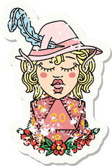 elf bard character with natural twenty dice roll grunge sticker