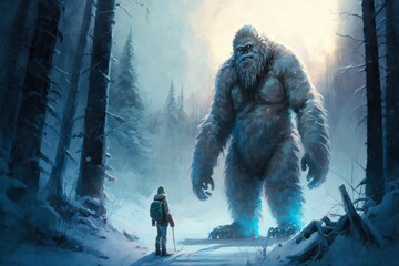 Hiker tourist met a funny Yeti in the winter snowy forest - obrazy, fototapety, plakaty