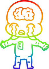 rainbow gradient line drawing cartoon big brain alien crying