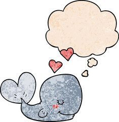 cartoon whale in love and thought bubble in grunge texture pattern style