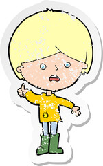 retro distressed sticker of a cartoon unhappy boy