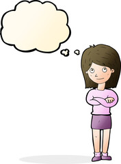 cartoon friendly girl rolling eyes with thought bubble