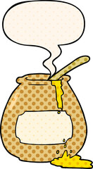 cartoon honey pot and speech bubble in comic book style